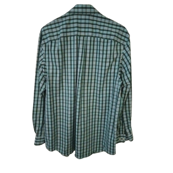 Duluth Trading Co. Wrinkle Fighter Green/Navy Plaid Long Sleeved Button Down M - Picture 7 of 7